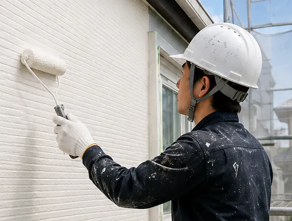 ローラーで外壁を塗装している作業員